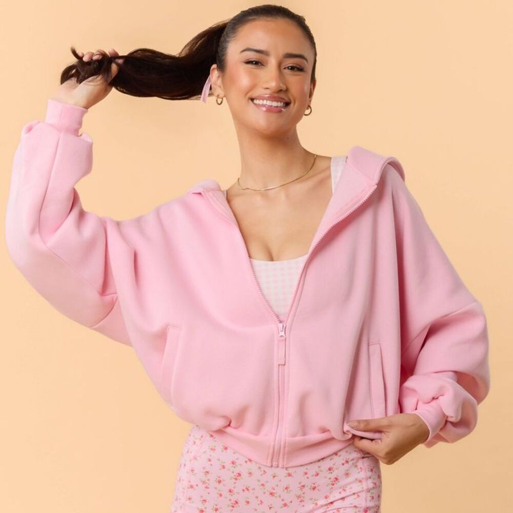Pink Zip-Up Hoodie Lightweight Oversized Sweatshirt